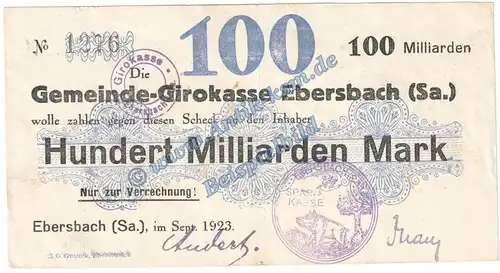 Ebersbach , Banknote 100 Milliarden Mark Schein in gbr. Keller 1213.k , Sachsen 1923 Grossnotgeld Inflation