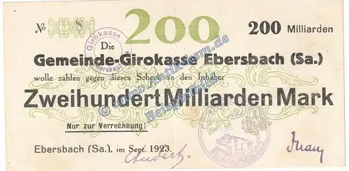 Ebersbach , Banknote 200 Milliarden Mark Schein in f-kfr. Keller 1213.k , Sachsen 1923 Grossnotgeld Inflation