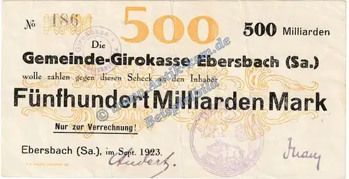 Ebersbach , Banknote 500 Milliarden Mark Schein in gbr. Keller 1213.k , Sachsen 1923 Grossnotgeld Inflation