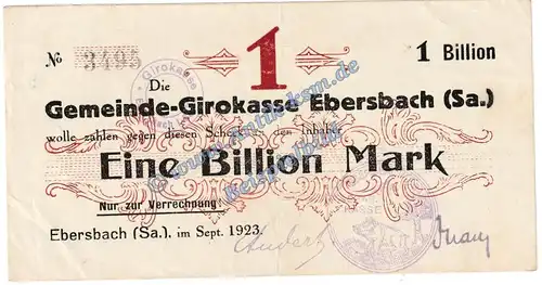 Ebersbach , Banknote 1 Billion Mark Schein in gbr. Keller 1213.n , Sachsen 1923 Grossnotgeld Inflation