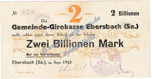 Ebersbach , Banknote 2 Billionen Mark Schein in L-gbr. Keller 1213.m , Sachsen 1923 Grossnotgeld Inflation