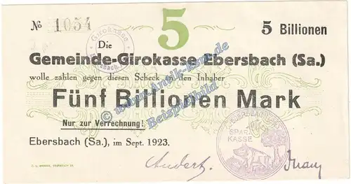 Ebersbach , Banknote 5 Billionen Mark Schein in --kfr-- Keller 1213.m , Sachsen 1923 Grossnotgeld Inflation