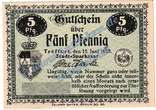 Treffurt , Notgeld 5 Pfennig Muster Schein in kfr. Tieste 7415.05.20.M , Thüringen 1920 Verkehrsausgabe