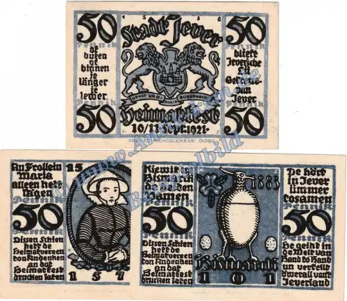 Jever , Notgeld Set mit 3 Scheinen --Blau-- in kfr. M-G 661.1 , Niedersachsen 1921 Seriennotgeld