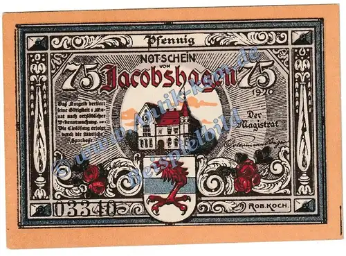 Jacobshagen , Notgeld 75 Pfennig -Engel- in kfr. M-G 651.1.a , Pommern 1920 Seriennotgeld