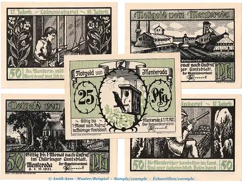 Notgeld Gemeinde Menteroda 882.1 , Set mit 5 Scheinen in kfr. von 1921 , Thüringen Seriennotgeld