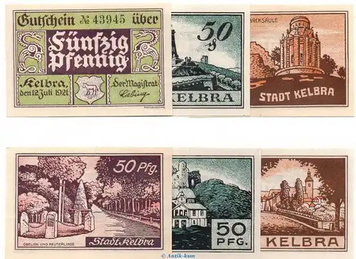 Notgeld Stadt Kelbra 686.2 , Set mit 6 Scheinen in kfr. von 1921 , Sachsen Anhalt Seriennotgeld
