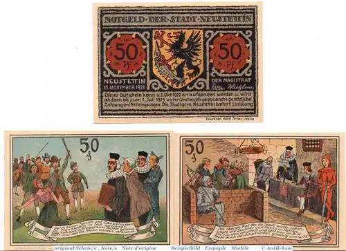 Notgeld Stadt Neustettin , 968.2 , Hexenprozeß Set mit 3 kassenfrischen Scheinen , von 1921 , Pommern Seriennotgeld