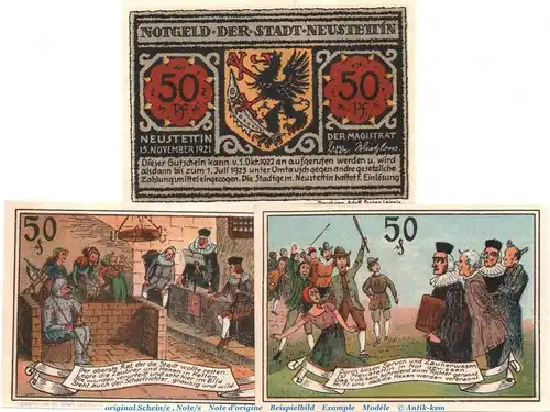 Notgeld Stadt Neustettin , 968.2 , Hexenprozeß Set mit 3 kassenfrischen Scheinen , von 1921 , Pommern Seriennotgeld