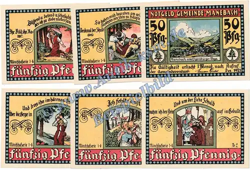 Manebach , Notgeld Set 6 x 50 Pfennig in kfr. M-G 866.1 , Thüringen 1921 Seriennotgeld