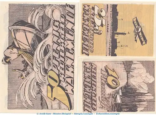 Notgeld Stadt Warnemünde 1379.1 , Reutergeld Set mit 3 Scheinen in kfr. o.D. Mecklenburg Vorpommern Seriennotgeld