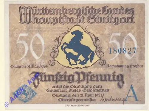 Notgeld Stuttgart , vollständiger Satz mit 1 Schein über 50 Pfennig , Seriennotgeld , Baden Württemberg , Mehl Grabowski 1289.1 b , von 1921