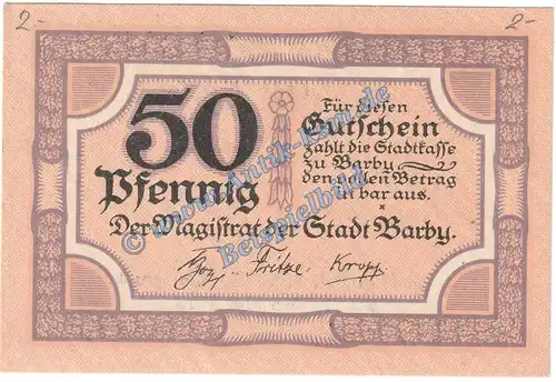 Barby , Notgeld 50 Pfennig Schein in kfr. Tieste 0320.10.01 , Sachsen o.D. Verkehrsausgabe