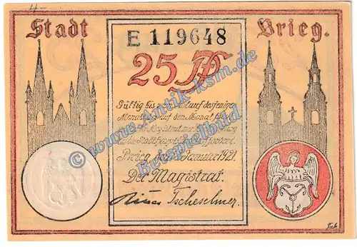 Brieg , Notgeld 25 Pfennig Schein in kfr. Tieste 0930.15.15 , Schlesien 1921 Verkehrsausgabe