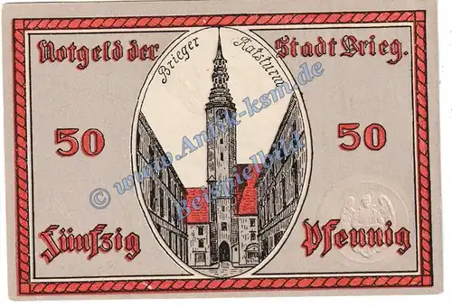 Brieg , Notgeld 50 Pfennig Schein in kfr. Tieste 0930.15.16 , Schlesien 1921 Verkehrsausgabe