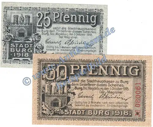 Burg , Notgeld Set mit 2 Scheinen in kfr. Tieste 1030.05.05-06 , Sachsen 1918 Verkehrsausgabe