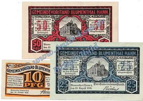 Blumenthal , Notgeld Set mit 3 Scheinen in kfr. Tieste 0760.10.15-20 , Niedersachsen 1920 Verkehrsausgabe