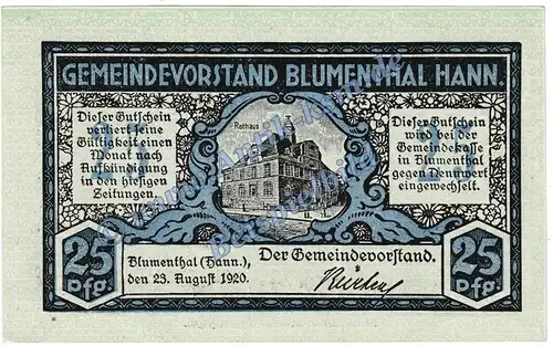 Blumenthal , Notgeld 25 Pfennig Schein in kfr. Tieste 0760.10.15 , Niedersachsen 1920 Verkehrsausgabe