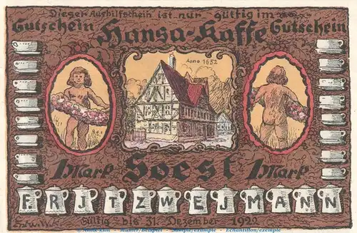 Notgeld Hansa Kaffee Soest 1232.1 , 1 Mark Schein Nr.1 in kfr. o.D. Westfalen Seriennotgeld