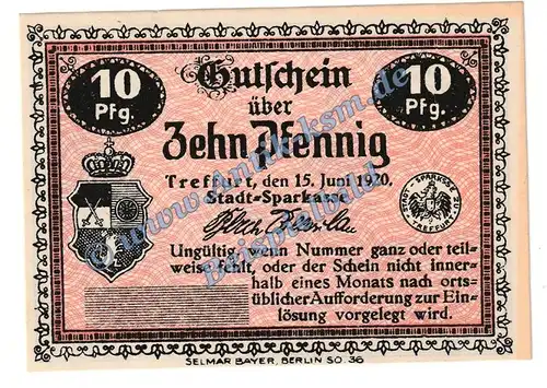 Treffurt , Notgeld 10 Pfennig Muster Schein in kfr. Tieste 7415.05.21.M , Thüringen 1920 Verkehrsausgabe