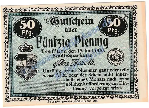 Treffurt , Notgeld 50 Pfennig Muster Schein in kfr. Tieste 7415.05.22.M , Thüringen 1920 Verkehrsausgabe