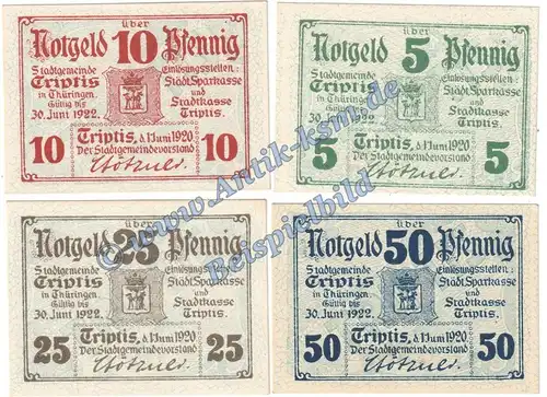 Triptis , Notgeld Set mit 4 Scheinen in kfr. Tieste 7460.05.05-08 , Thüringen 1920 Verkehrsausgabe