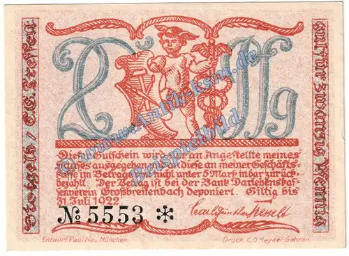 Grossbreitenbach , Notgeld 20 Pfennig -schwarz- in kfr. M-G 477.3.a , Thüringen o.D. Seriennotgeld