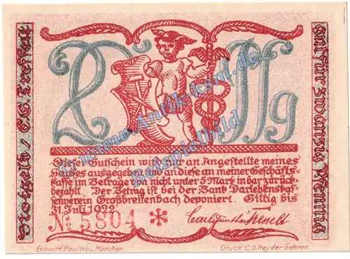 Grossbreitenbach , Notgeld 20 Pfennig -KN rot- in kfr. M-G 477.3.b , Thüringen o.D. Seriennotgeld