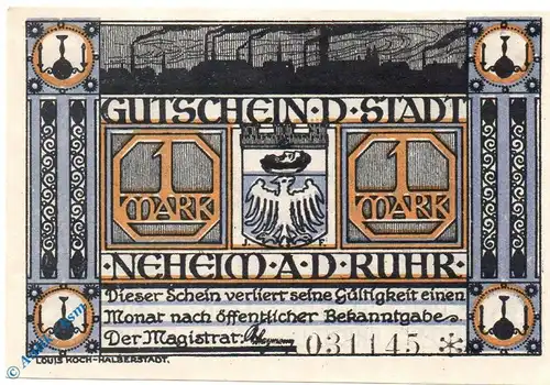 Notgeld Neheim , Einzelschein über 1 Mark , Mehl Grabowski 931.1 , Nordrhein Westfalen Seriennotgeld