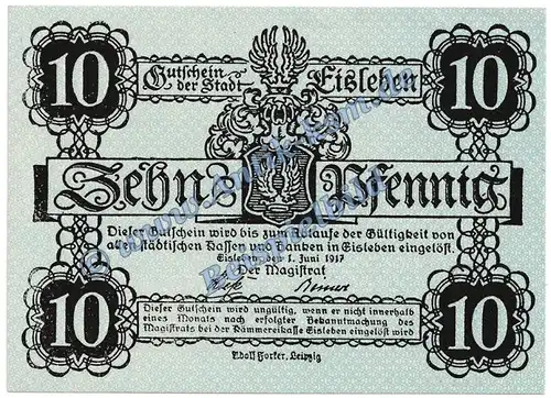 Eisleben , Notgeld 10 Pfennig Schein in kfr. Tieste 1640.10.02 , Sachsen 1917 Verkehrsausgabe