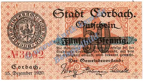 Corbach , Notgeld 50 Pfennig -KN 4-stell- in kfr. Tieste 1200.05.02-06 , Hessen 1920 Verkehrsausgabe