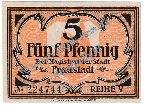 Fraustadt , 5 Pfennig Schein in kfr. Tieste 1945.05.20 , Posen o.D. Verkehrsausgabe