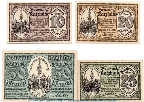 Notgeld Stadt Katzhütte 3410.05.01-04 , Set mit 4 Scheinen in kfr. von 1920 , Thüringen Verkehrsausgabe