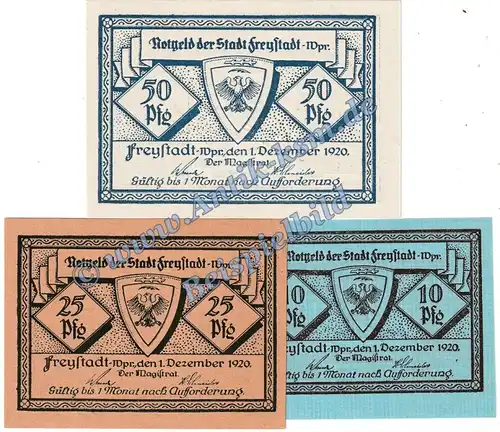 Freystadt , Notgeld Set mit 3 Scheinen in kfr. Tieste 1985.05.01-03 , Westpreussen 1920 Verkehrsausgabe