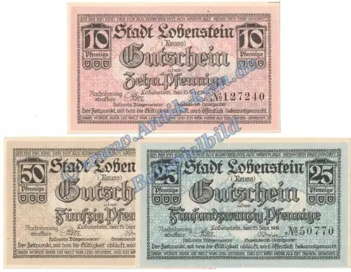Lobenstein , Notgeld Set mit 3 Scheinen in kfr. Tieste 4160.05.10-12 , Thüringen 1919 Verkehrsausgabe
