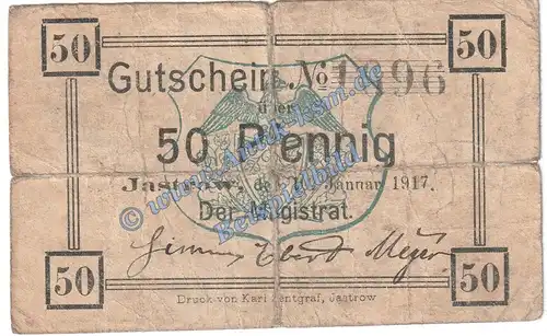 Jastrow , Notgeld 50 Pfennig Schein in gbr. Tieste 3260.05.01 , Westpreussen 1917 Verkehrsausgabe