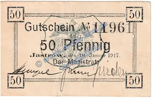 Jastrow , Notgeld 50 Pfennig Schein in gbr. Tieste 3260.05.15 , Westpreussen 1917 Verkehrsausgabe