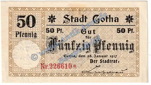 Gotha , Notgeld 50 Pfennig Schein in kfr. Tieste 2395.50.05 , Thüringen 1917 Verkehrsausgabe