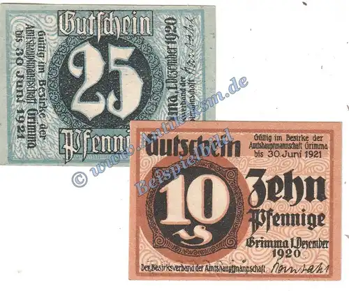 Grimma , Notgeld Set mit 2 Scheinen in kfr. Tieste 2465.05.10-11 , Sachsen 1920 Verkehrsausgabe