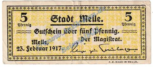 Melle , Notgeld 5 Pfennig Schein in gbr. Tieste 4475.05.01-10 , Niedersachsen 1917 Verkehrsausgabe