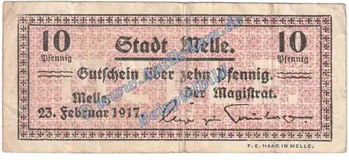 Melle , Notgeld 10 Pfennig Schein in gbr. Tieste 4475.05.02-11 , Niedersachsen 1917 Verkehrsausgabe
