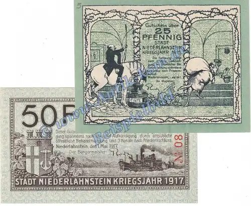 Niederlahnstein , Notgeld Set mit 2 Scheinen in kfr. Tieste 5050.05.01-02 , Hessen 1917 Verkehrsausgabe