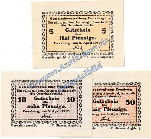 Penzberg , Notgeld Set mit 3 Scheinen in kfr. Tieste 5560.05.10-12 , Bayern 1917 Verkehrsausgabe