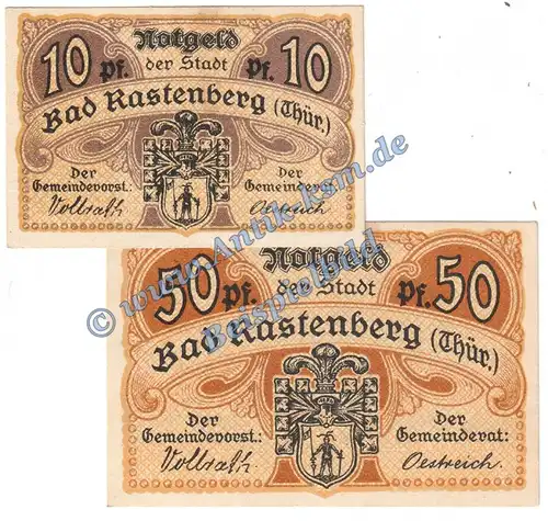 Rastenberg , Notgeld Set mit 2 Scheinen in kfr. Tieste 5900.05.10-11 , Thüringen o.D. Verkehrsausgabe