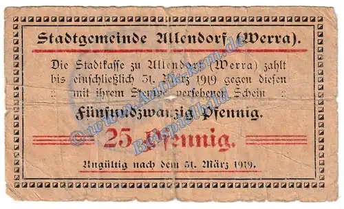 Allendorf , Notgeld 25 Pfennig Schein in gbr-. Tieste 0035.05.02 , Hessen o.D. Verkehrsausgabe