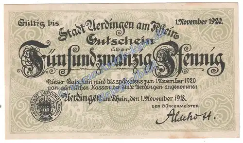 Uerdingen , Notgeld 25 Pfennig Schein in kfr. Tieste 7510.05.10 , Rheinland 1918 Verkehrsausgabe