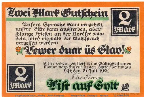 Notgeld List auf Sylt , 806.1 , 2 Mark Schein in kfr. von 1921 , Schleswig Holstein Seriennotgeld