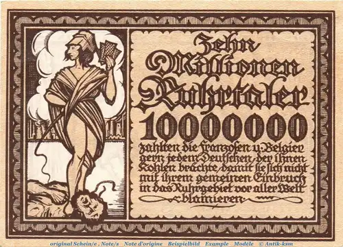 Banknote Stadt Essen , 10 Millionen Mark Propagandaschein in kfr. Keller .... Ohne Datum , Ruhrgebiet Inflation