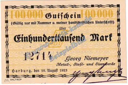 Harburg Niemeyer , Banknote 100.000 Mark Schein in kfr. Keller 2208.a , Niedersachsen 1923 Grossnotgeld Inflation