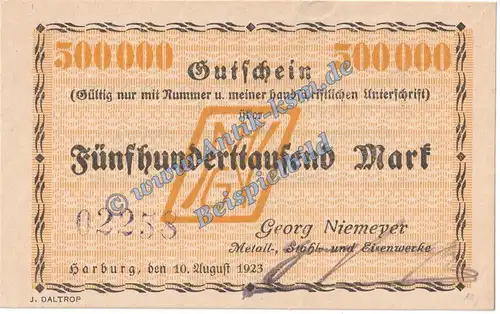 Harburg Niemeyer , Banknote 500.000 Mark Schein in kfr. Keller 2208.a , Niedersachsen 1923 Grossnotgeld Inflation